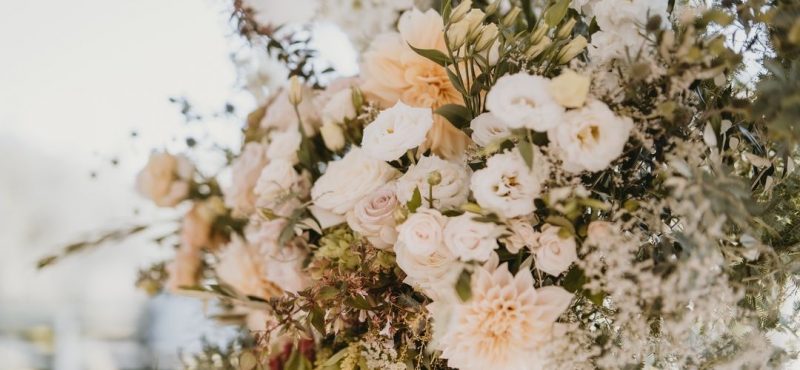 wedding flowers with pink, white and greenery